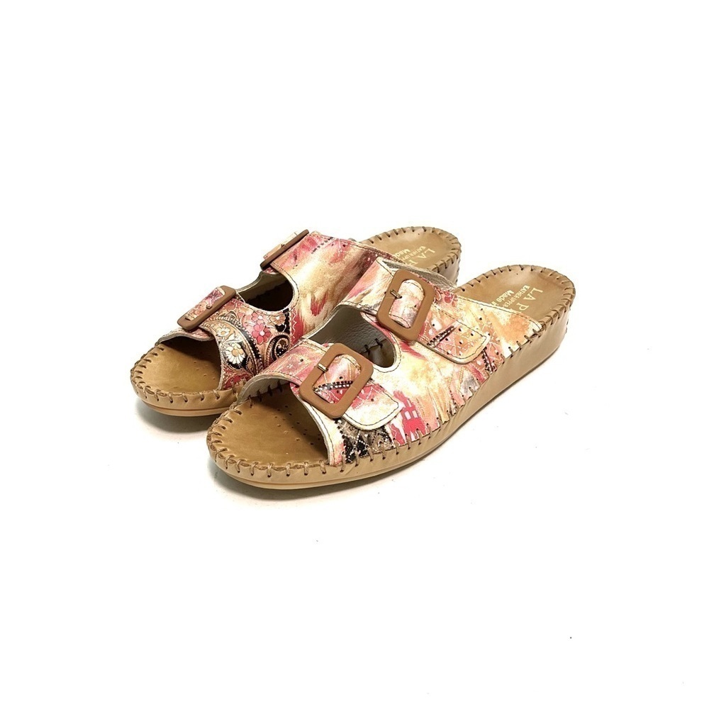 Vintage Y2K deadstock brown leather pink printed buckle wedge walking sandals - Picture 6 of 8